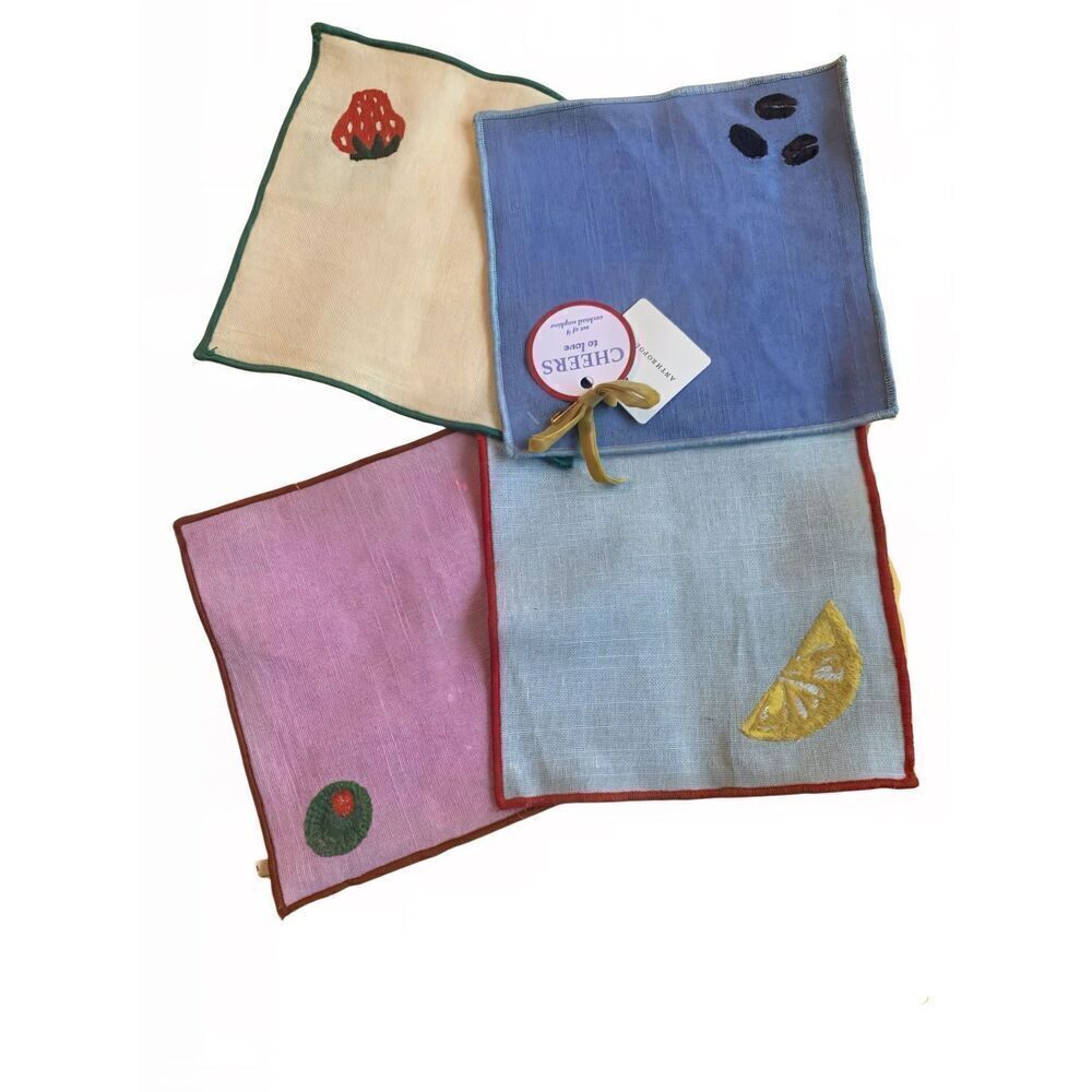 Anthropologie Pink Blue Happy Hour Cocktail Napkins Gift Set of 4